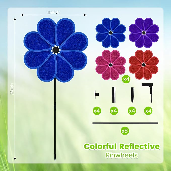 4PCS 11.4" W x 28" H Reflective Pinwheels Sparkly Lawn Wind Spinners Colorful Rainbow Windmill for Garden Decoration Bird Devices Deterrent to Scare Birds Away (Multicolor-2 Four Colors)