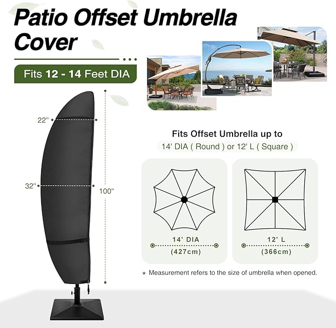 Porch Shield Patio Umbrella Cover - Outdoor Waterproof Garden Offset Banana Parasol Cover Fits Cantilever Offset Umbrella 12-14 Feet, Black
