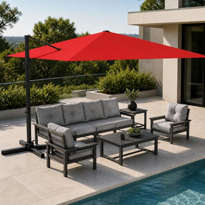 Kingdura 9' X 9' Cantilever Patio Umbrella with Base Included, Large Square Outdoor Offset Umbrella with 360-degree Rotation, 4 Position Tilt, UV Protection for Pool Deck Garden Patio (Red)