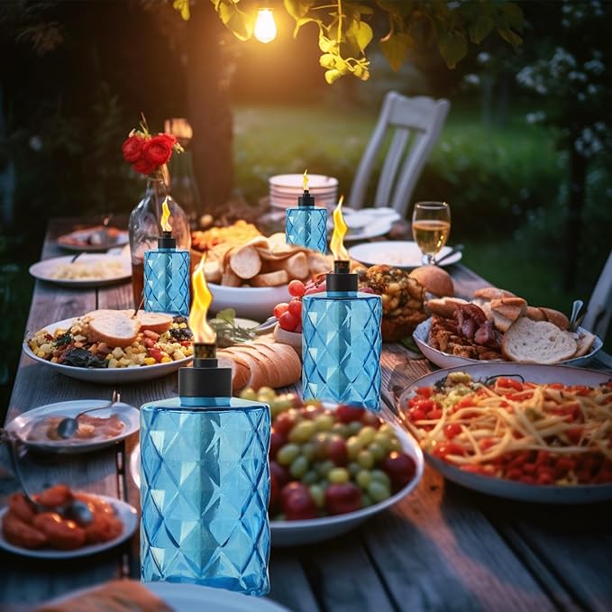 4 Pack Blue Glass Table Top Torches with Wick and Cap,Citronella Torches Outdoor,Refillable Flame Light Torch,Decorative Tabletop Lantern for Yard,Patio,Deck,Garden,Outdoor Party,Landscape