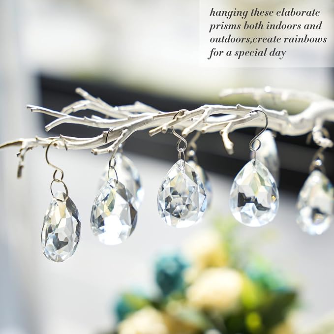 10 Pcs 38mm Clear Crystal Teardrop Chandelier Hanging Suncatcher Parts | Clear Crystal Teardrop Prisms Pendants with Hooks Suncatcher for Lamp Window Christmas Tree Wedding Decor