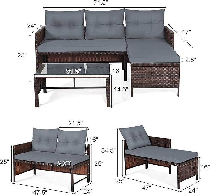 DORTALA 3 Piece Wicker Patio Furniture Set, PE Rattan Outdoor Sectional Sofa Conversation Set with Loveseat, Lounge and Tempered Glass Coffee Table for Garden Lawn Deck (Grey)