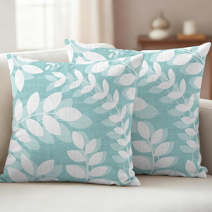 Pale Teal Leaves Outdoor Waterproof Throw Pillow Covers 20x20 Set of 2, Farmhouse Botanical Branch Vintage Boho Leaf Decorative Pillowcases Cushion Pillowcase for Couch Sofa Patio Pillow Protector