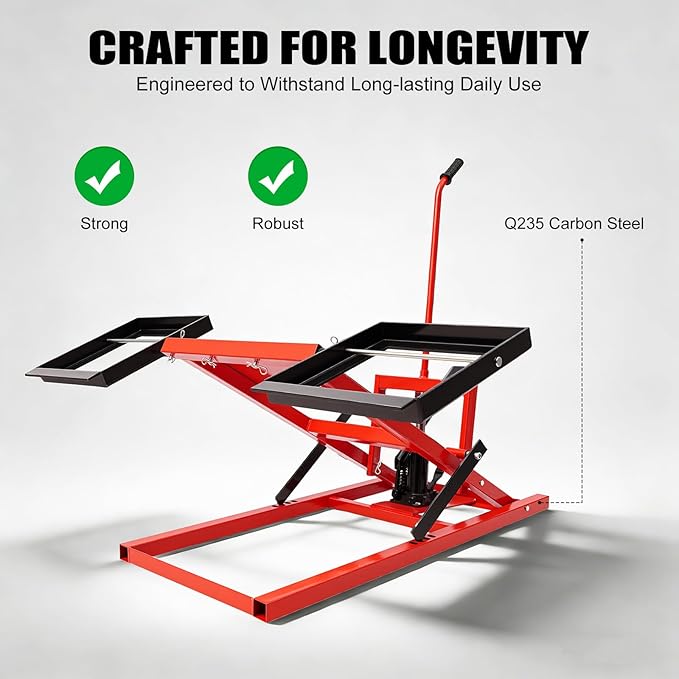 Lawn Mower Lift with Hydraulic Jack, 500 lbs Lifting Capacity Lawn Mower Lift Tool Adjustable Wheel Span for Mower Maintenance and Repair, Red