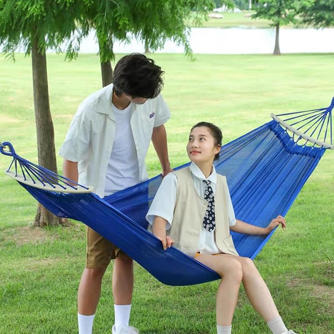 Wooden Bar Portable Camping Hammock, Cool Ice Silk Mesh Hammocks with Tree Straps Carry Bag, Single Hanging Sturdy Hammock for Travel Patio Garden. Up to 550lbs. Dark Green