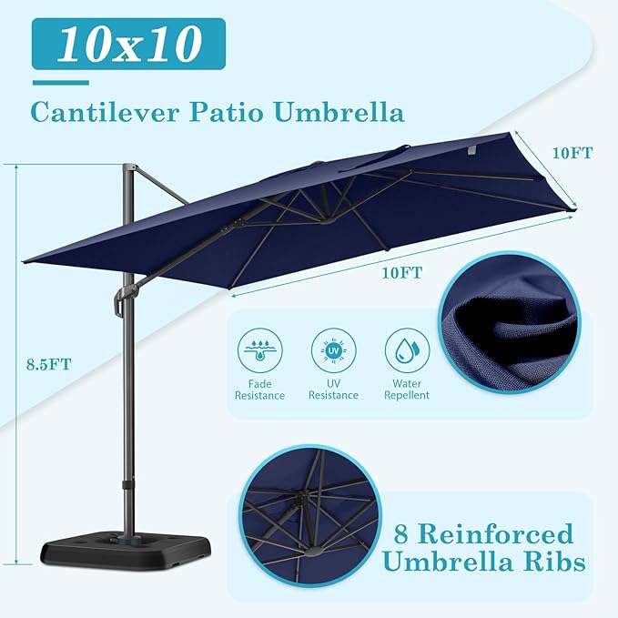 HOTEEL10x10ft Patio Umbrella Cantilever Umbrellas Double Top - Upgrade and Intensify - 360 Rotation and 5 Angles Adjustment - Aluminum Offset Pool Umbrella Outdoor Umbrellas for Patio Garden Pool