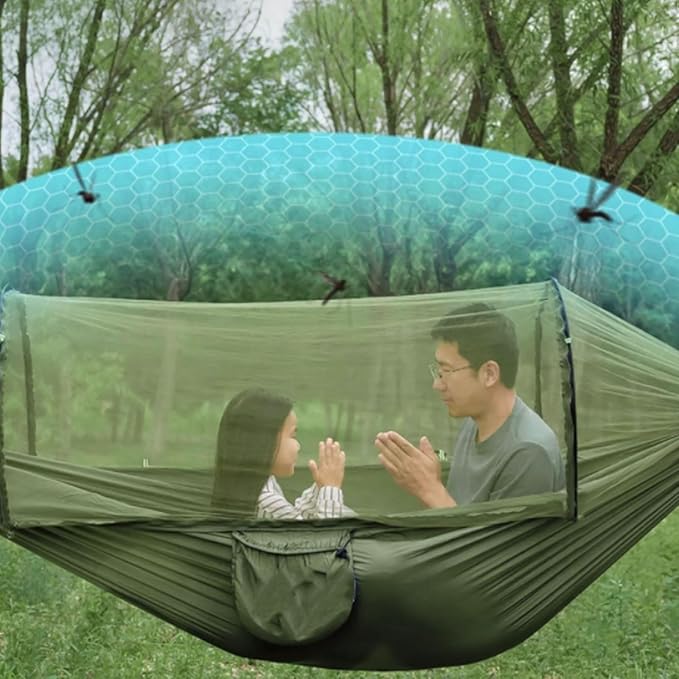 Polyester Hammock Automatic Quick Opening Self-Contained Frame Portable Lightweight Tree Hanging Hammock(Dark-Green)