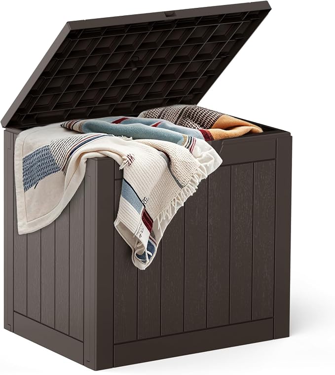 Deck Box with 31 Gallon Capacity, Weatherproof Resin Lockable Outdoor Storage for Secure Package Deliveries and Indoor Storage in Garden or Patio for Porch Backyard Garden (Brown)