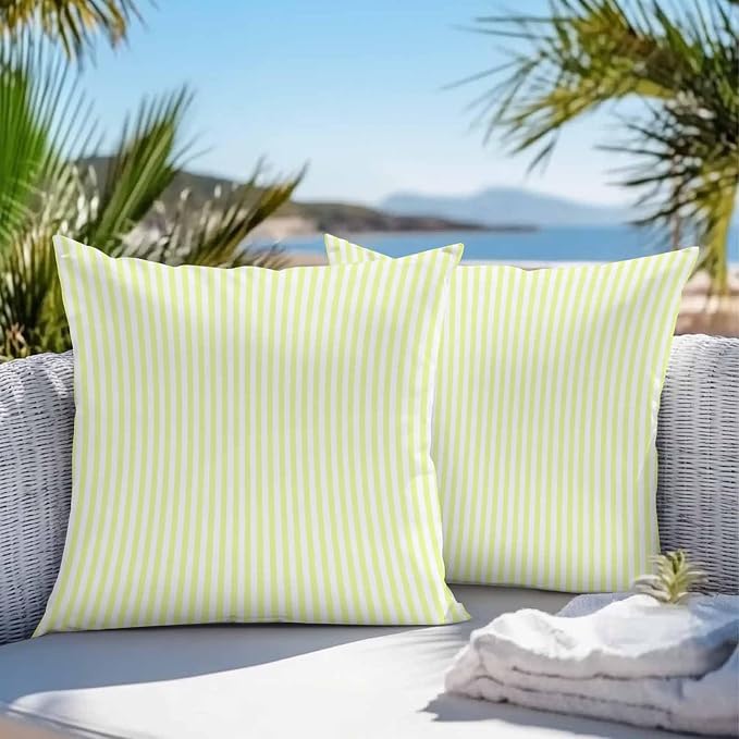 Throw Pillow Covers 20x20 Inch Set of 2, Yellow White Stripe Waterproof Outdoor Cushion Covers, Modern Minimalist Geometric Striped Decorative Pillowcases for Couch, Sofa, Bed, Garden, Patio