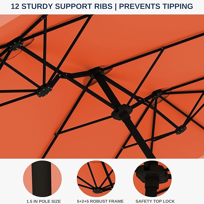 15FT Large Patio Umbrella with Base, Double Sided Rectangular Outdoor Umbrella with Sturdy Fiberglass Ribs, UPF 50+ Sun Protection, Wind-Resistant, Waterproof Fade-Resistant Fabric for Pool, Garden, Backyard, Deck(Orange)