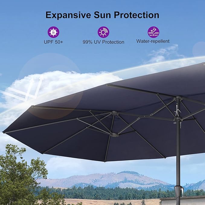PURPLE LEAF 15ft Patio Umbrella with Base Included Double-Sided Rectangle Outdoor Umbrella Market Table Umbrella with Crank for Pool Garden Deck, Navy blue