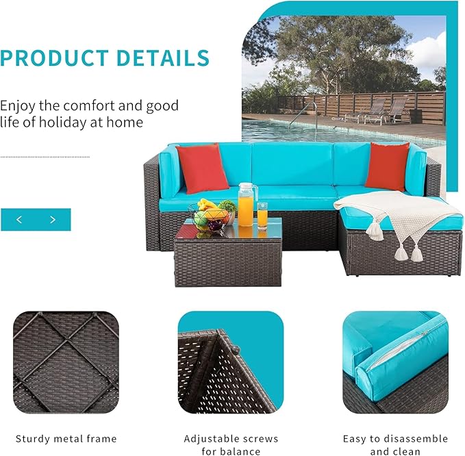 Shintenchi 5 Pieces Patio Furniture Sets Outdoor All-Weather Sectional Patio Sofa Set PE Rattan Wicker Patio Conversation Set with Glass Table&Ottoman Cushion, Blue