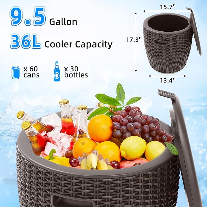 Outdoor Ice Cooler Side Table 9.5 Gallon Grey, Rattan Pattern Round Portable Ice Chest with Built-in Handle, Top Lid Side Handles Drainage Plug Bar Table for Patio Decor, Pool, Party