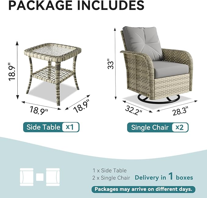 LazySunsets 3 Piece Outdoor Patio Furniture Set, Wicker Rattan Outdoor Furniture with High Back Swivel Rocker Chairs, Outdoor Sofa Set with Thick Cushions & Side Table, Grey