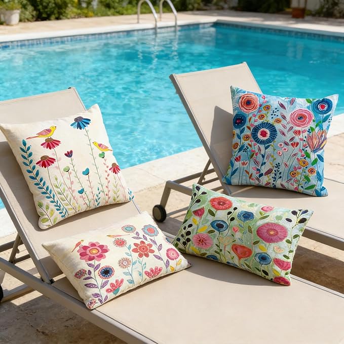 JOJOGOGO Spring Outdoor Pillow Covers 12x20 Waterproof Set of 4, Floral Lumbar Pillow 12 x 20 Decoration Colorful Flower Pillow Covers for Patio Furniture Farmhouse and Couch