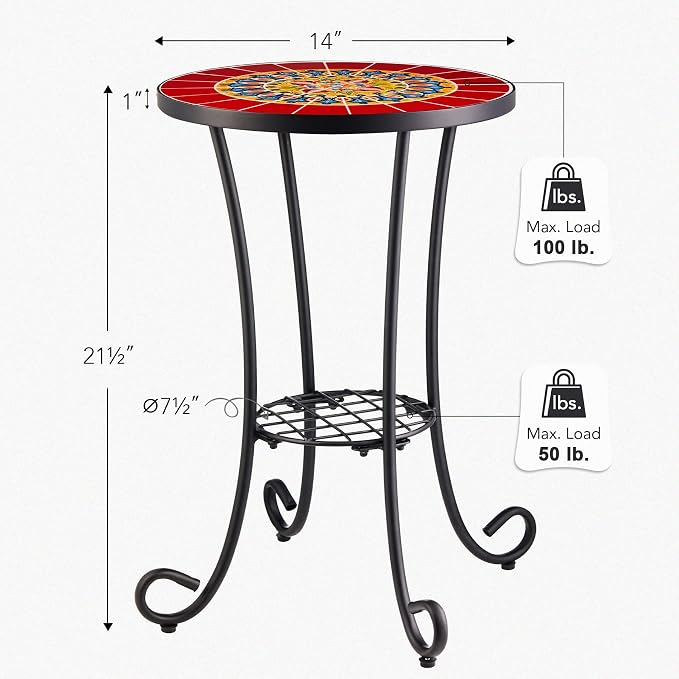 VONLUCE Patio Side Table and Plant Stand, 21" End Table with 14" Ceramic Tile Top for Porch Garden Decor, Indoor and Outdoor Mosaic Table, Living Room Bedroom Balcony Furniture for Home & Garden, Red