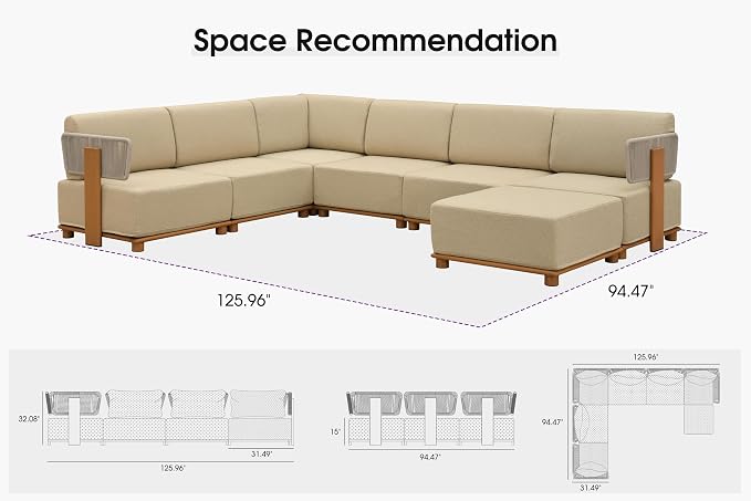 PURPLE LEAF Patio Furniture Set Modular U-Shaped Outdoor Sectional Sofa with 11" Thick Olefin Cushion 7-Piece Outdoor Conversation Set with Ottoman & Coffee Lights for Backyard Garden Poolside, Beige