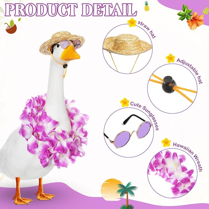 Shyyween Summer Porch Goose Outfits for Plastic Goose 23/17'' Hawaiian Lawn Patio Statue Clothes Straw Hat and Hawaiian Lei Costume(Purple)