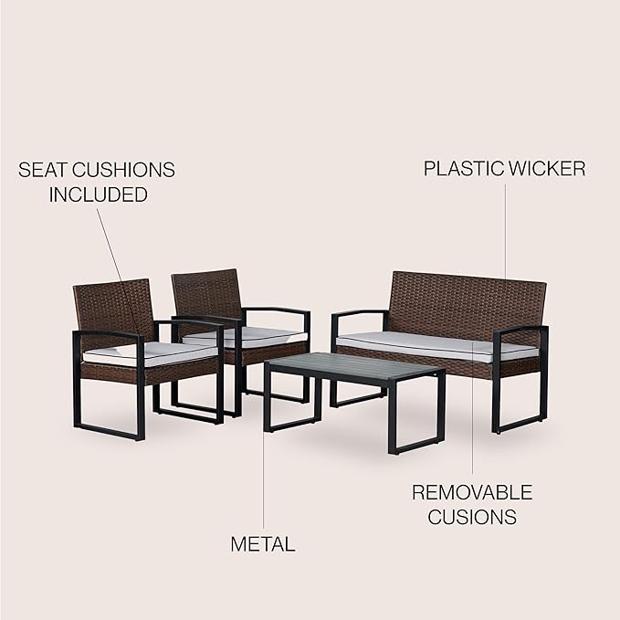 JONATHAN Y LVG1102B-4SET Elina 4-Piece Modern Coastal Faux Wicker Conversation Outdoor Patio Set Mid-Century, Classic, Transitional, Traditional, Minimalist, White/Black