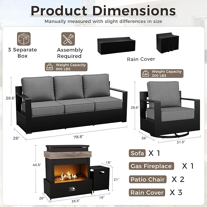 Outdoor Patio Furniture Set, 4-Piece Aluminum Patio Conversation Set All-Weather Metal Outdoor Sectional with 6 Inch Thick Cushions, Deep Setting and Fireplace for Garden, Outside and Porch, Grey