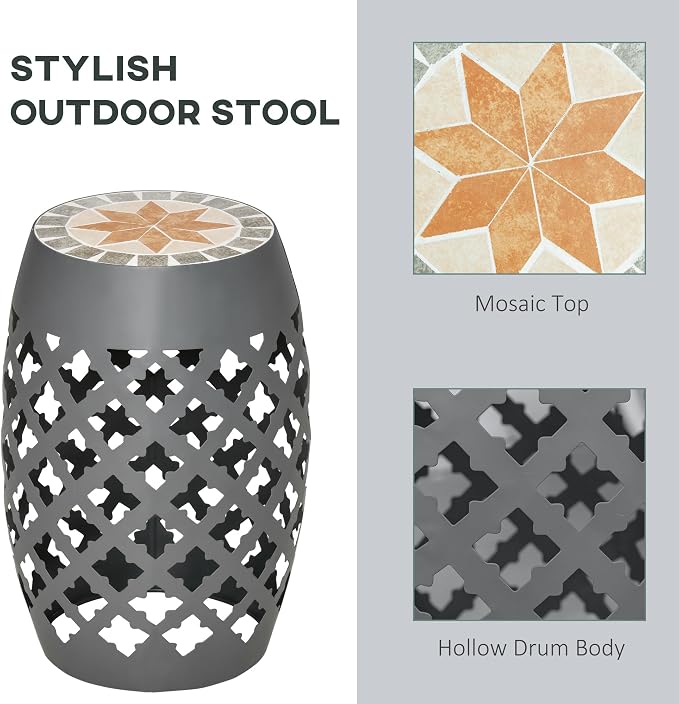 Outsunny 12" Patio Round Side Table, Outdoor Footstool, Garden Mosaic Accent Side Table, Plant Stand, Gray