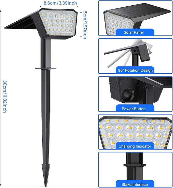 Solar Spot Lights Outdoor, IP65 Waterproof 44 LED Landscape Spotlights, Solar Powered Spotlight with Auto On/Off and 3 Lighting Modes for Outside Garden Decor, 2 Pack (Warm White)