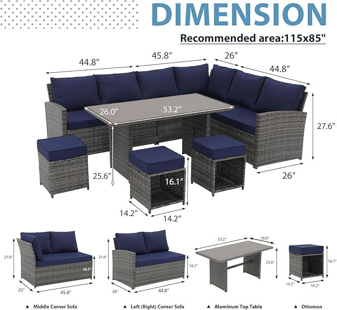 JOIVI 7 Piece Outdoor Patio Furniture Set, Patio Conversation Set with Aluminum Top Dining Table, Rattan Dining Sectional Sofa Set with Ottomans for Deck, Backyard, Navy Blue