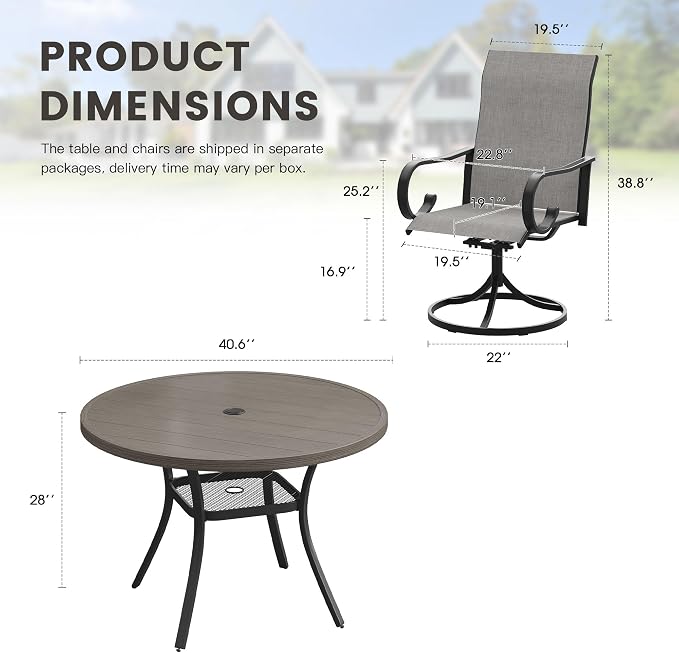 5 Pieces Patio Dining Set, 4 Outdoor Swivel Dining Chairs with 40.6" Round Metal Outdoor Dining Table with Umbrella Hole for Garden Backyard Deck, Grey