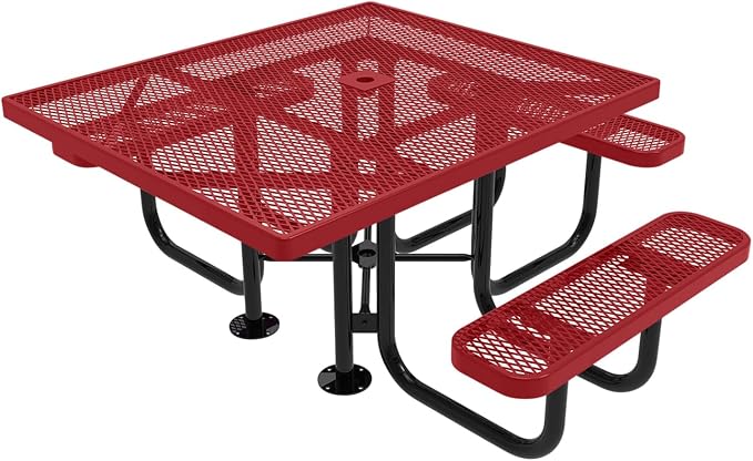 COATEDOUTDOORFURNITURE Heavy-Duty Portable ADA-Compliant Outdoor Picnic Table with Umbrella Hole, Expanded Metal Patio Dining Furniture Made in America (46" Square Top, Textured Burgundy)
