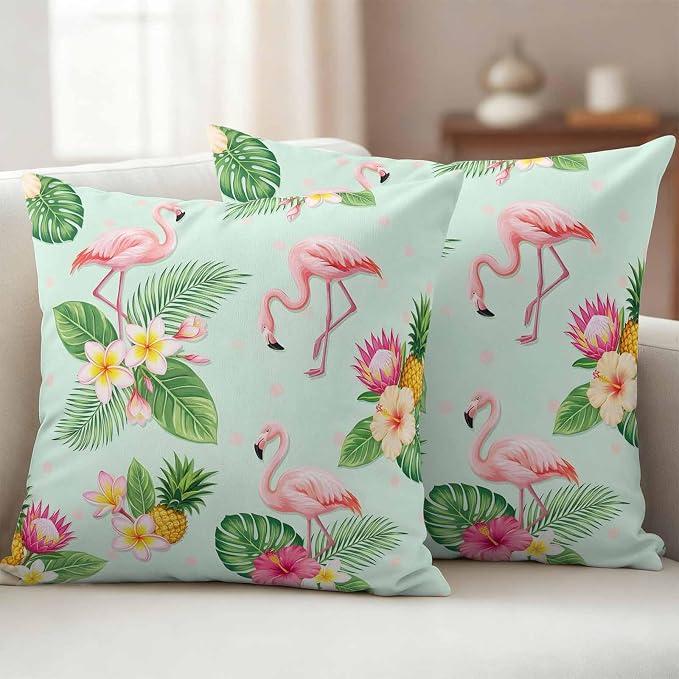 Pink Flamingos Outdoor Pillow Covers 16"x16" Set of 2, Summer Tropical Yellow Pineapples Green Palm Leaf Waterproof Throw Pillow Covers for Patio Furniture, Decorative Cushion Covers for Porch