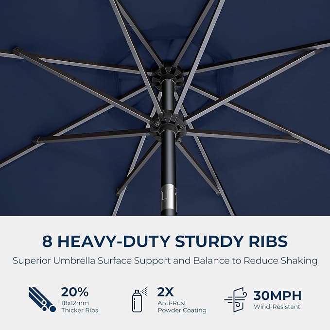 HOMSHADE 9ft Solar Patio Umbrella - Solar Lights LED Lighted Outdoor Market Table Umbrella, UPF50+ UV Protection with Push Button Tilt, Crank for Pool Deck and Garden (Navy Blue)