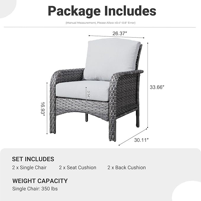 ovios 2-Piece Patio Furniture Set, Outdoor Wicker Sofa with Chairs, High Back Rattan Chair with Comfy Cushions for Porch Yard Deck, Grey