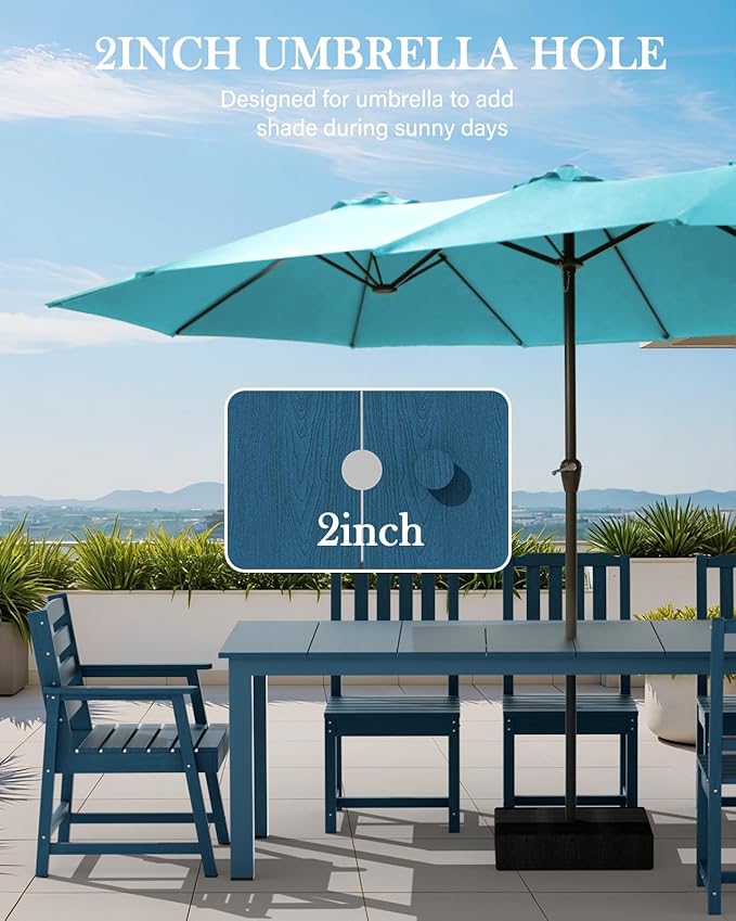 LOUNZY 9 Pieces Patio Dining Sets, Outdoor HDPE Furniture Set for 8 w/ 2" Hole Cut-Out Dining Table with 8 Patio Chairs(2 W/Armrest, 6 w/o Armrest), Navy