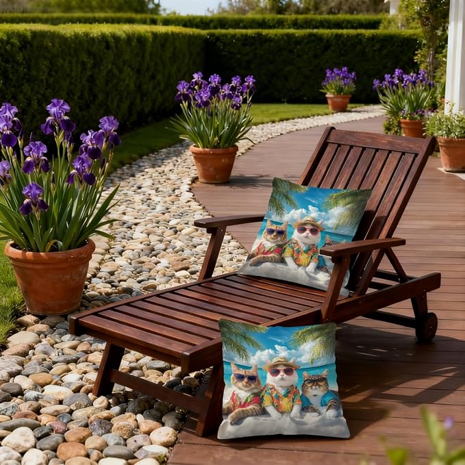 18x18 Inch Outdoor Pillow Covers Set of 2 Waterproof Throw Pillow Covers Decorative Couch Cushion Covers Beach Cats with Sunglasses Square Pillowcases Protectors for Patio Garden Sofa