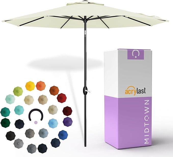 Midtown Umbrellas – The Lean 8 Ft Patio Umbrella with 10-Year-No-Fade Acrylast Acrylic Fabric, Auto-Tilt and 8 Reinforced Ribs for Deck, Pool, Garden, Hotel & Cafes – Canvas Cream Canopy, Black Pole