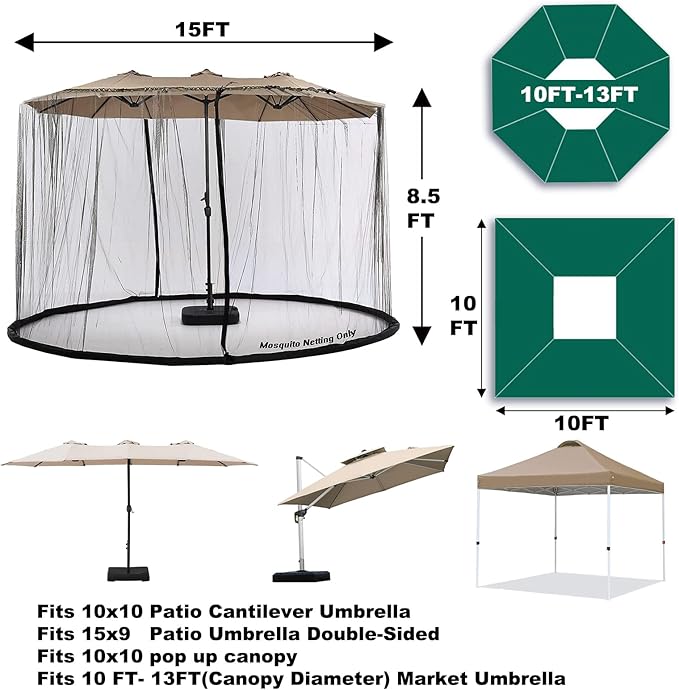 Mosquito Netting for Patio Umbrella 10x10 Ft Canopy Screen, Weather-Resistant 75D Polyester Mesh with TPU Water Pipe Base, Double Zipper Door for Backyard Dining, Black