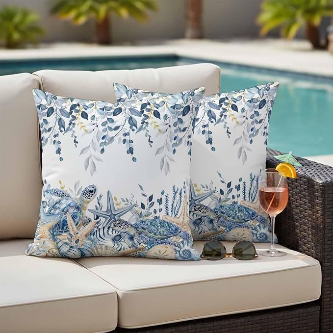 Pack of 2 Blue Turtle Coastal Outdoor Pillow Covers Decorative, Beach Coral Starfish Waterproof Pillow Protector, Nautical Sea Eucalyptus Throw Pillowcases Cushion Cases for Patio Couch Sofa 16"x16"
