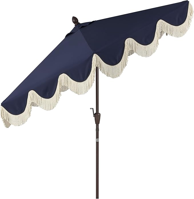 JONATHAN Y UMB1001 Collins 9 ft. Classic Cottage Tassel Market Patio Umbrella with Auto-Tilt, Crank, Wind Vent and UV Protection