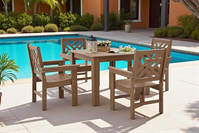 5 Piece HDPE Outdoor Dining Set for 4, Patio Dining Furniture Set with Square Table and Umbrella Hole, Outdoor Table and Chairs for Garden, Poolside, Backyard, Deck (Brown, 5 Piece Square Set)