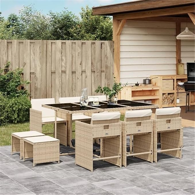 Afuera Living 10-Seater Rattan Patio Dining Set with Cushions, Textured White Finish, UV-Resistant PE Rattan, Powder-Coated Steel, Foldable Chairs and Stools, Rectangular Table for Outdoor Garden or