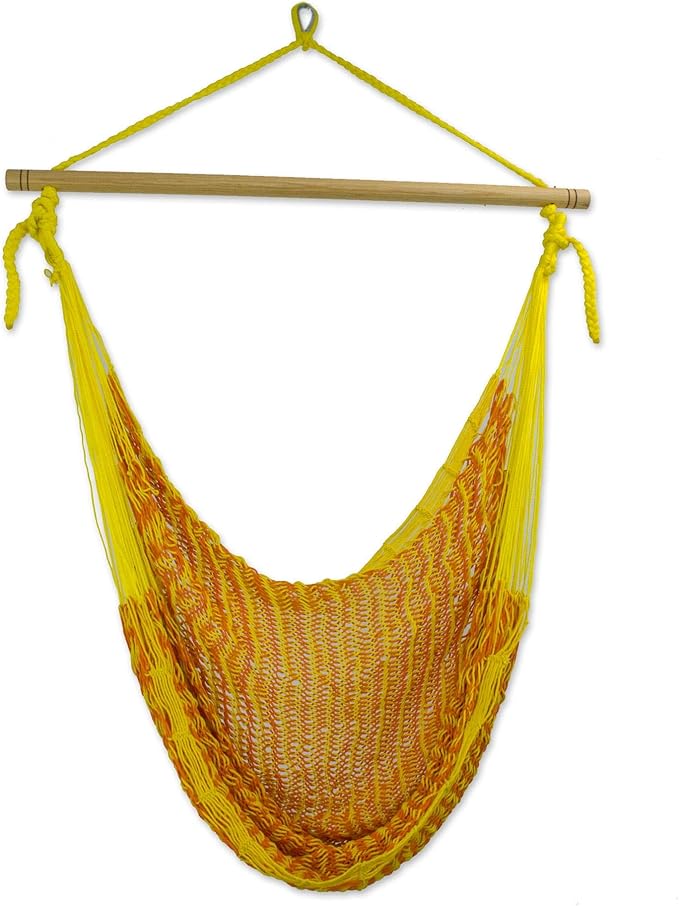 NOVICA Orange and Marigold Yellow Cotton Woven Mayan Rope Hammock Swing Chair with Spreader Bar, 'Maya Sunflower'