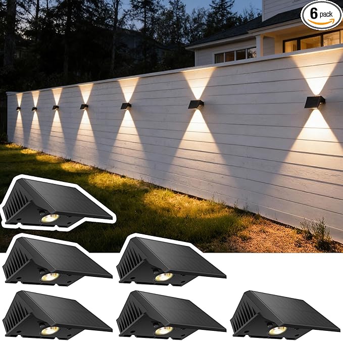 Solar Fence Lights Outdoor, 6 Pack Warm White Up and Down Solar Wall Lights, IP67 Waterproof LED Dusk to Dawn Solar Powered Fence Lights for Patio, Backyard, Deck, Garden, Yard, Outdoor Wall Decor