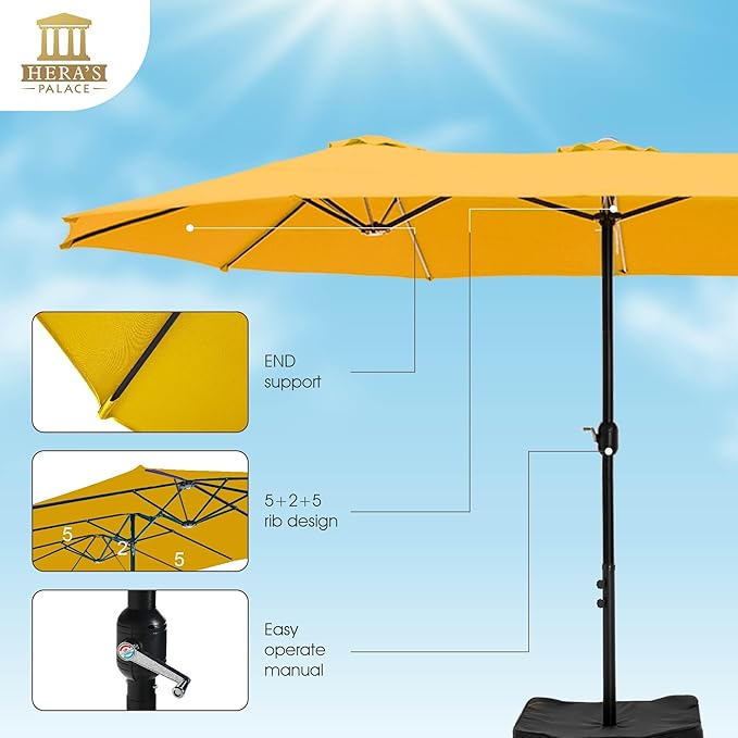 HERA'S PALACE Umbrella Patio Outdoor with Base 15ft Rectangle Table Double Market Umbrellas Clearance Large Included Stand for Deck Outside Pool Picnic Inground Yard Commercial (Gold Yellow)