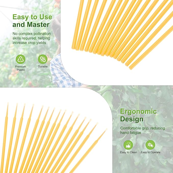 M METERXITY 100-Pack Pollinator Brush, 0.1inch/2.5mm Plastic Vegetable Pollinator Pen Manual Pollination Tool for Gardening/Greenhouse/Hydroponic Plants/Flower [Yellow]