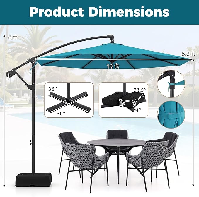Tangkula 10ft Patio Umbrella with Base Included, Offset Cantilever Outdoor Umbrella with 360 Degree Rotation, 2 Sandbags, Crank Handle for Pool Deck Garden Backyard