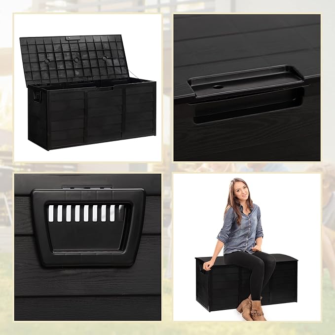 ALIMORDEN Lightweight Resin Deck Box for Patio Furniture, Pool Accessories, and Storage for Outdoor Toys, Home Organization,Black