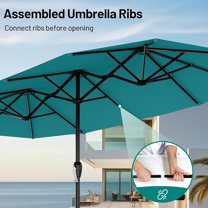 AreShark 15ft Patio Umbrella with Base, Double Sided Outdoor Umbrella with 12 Fiberglass Ribs, Large Outdoor Umbrella for Garden, Pool, Deck, Backyard & Market, Lake Blue
