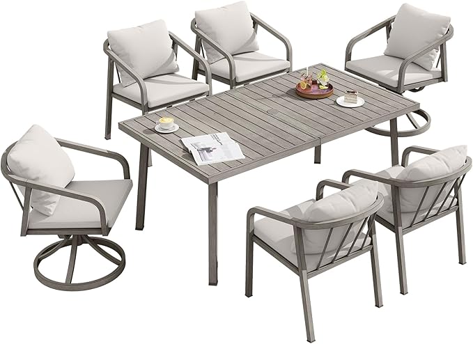 7 Pieces Outdoor Dining Set, Never-Rust Aluminum Patio Dining Set for 6, Outdoor Dining Table Set with 2 Swivel Chairs, 4 Dining Chairs, Patio Furniture Set for Porch, Garden, Gray Oak
