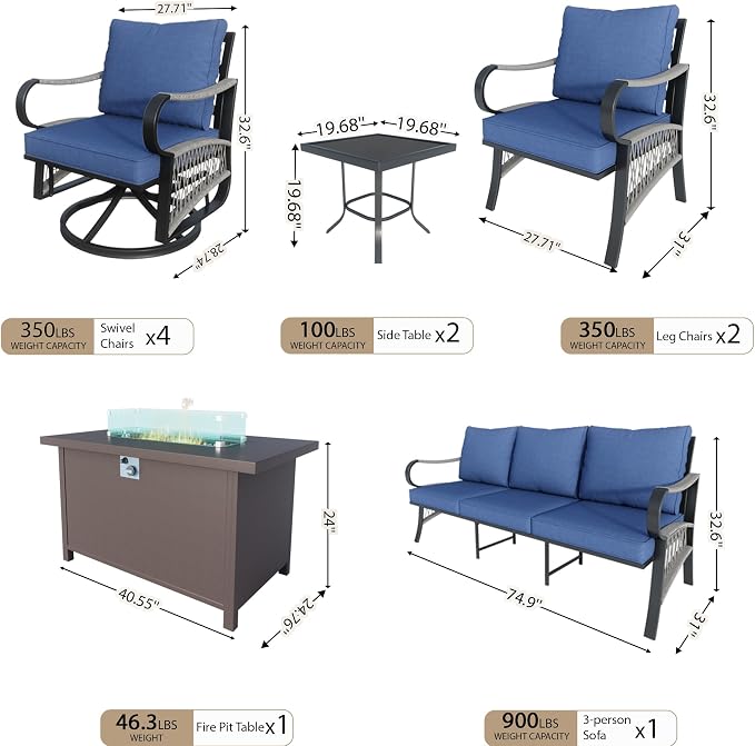 10 Pieces Modern Patio Furniture Set, All Weather Metal Outdoor Conversation Sets with Fire Pit Table for Backyard Garden Deck Porch Poolside, Blue