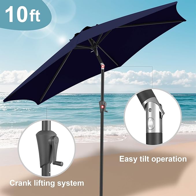FLAME&SHADE 10ft Patio Umbrella - Outdoor Umbrella with 6 Sturdy Ribs, Push Button Tilt and Crank, UV Protection Table Market Umbrella for Pool, Porch, Garden, Deck, Backyard (Navy Blue)